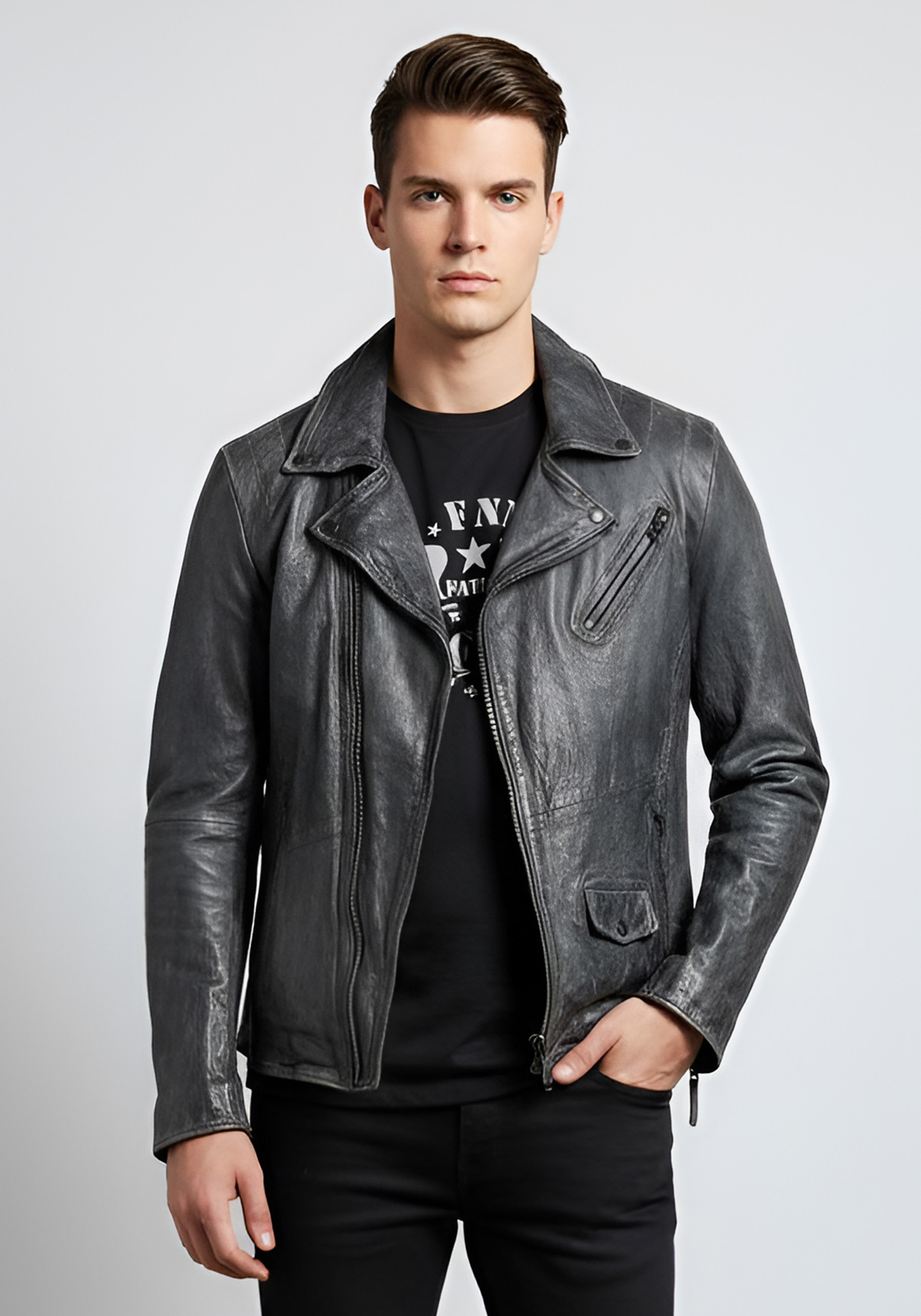 David Moor David Moor Δερμάτινο Μπουφάν της σειράς Freaky Nation - FRKNTN T18 Washed Grey