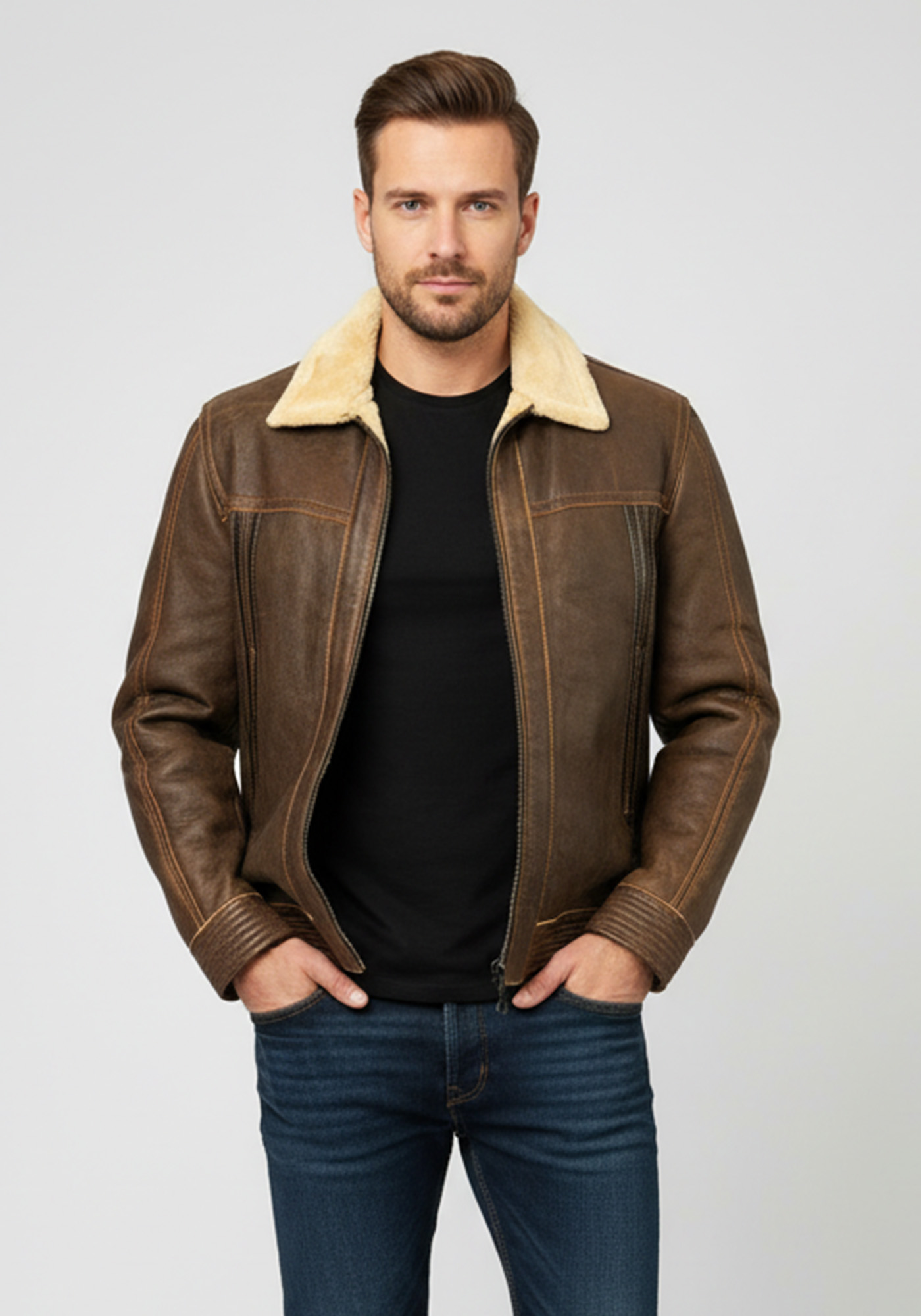 Δερμάτινο Μουτόν Μπουφάν Yap με Retro Style 43944 - 002 Brown