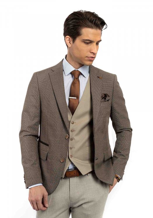 Fragosto Micro Patern Slim Fit Blazer - Brown