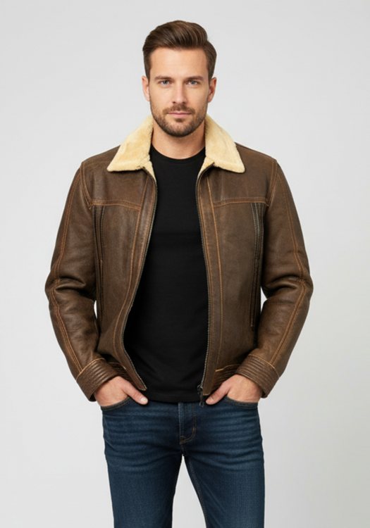 Δερμάτινο Μουτόν Μπουφάν Yap με Retro Style 43944  - 002 Brown
