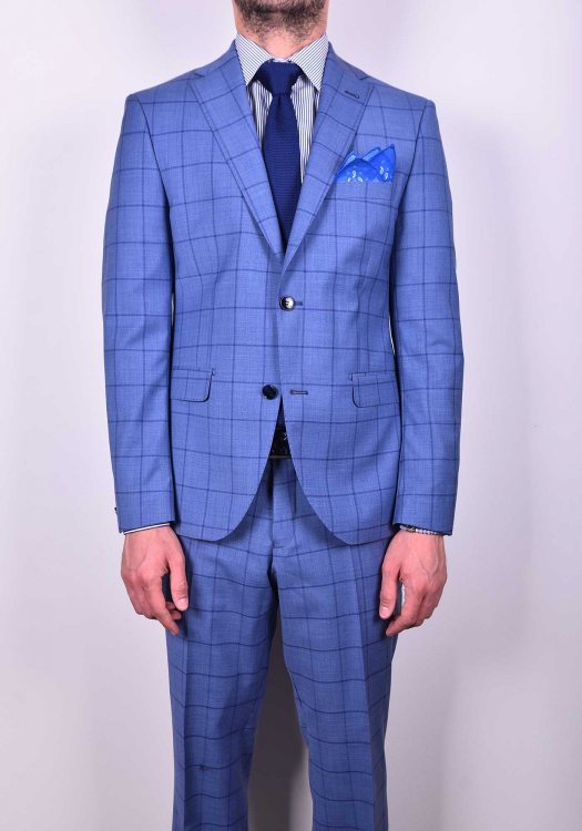 Fragosto Slim Fit  Suit - Light Blue Check 